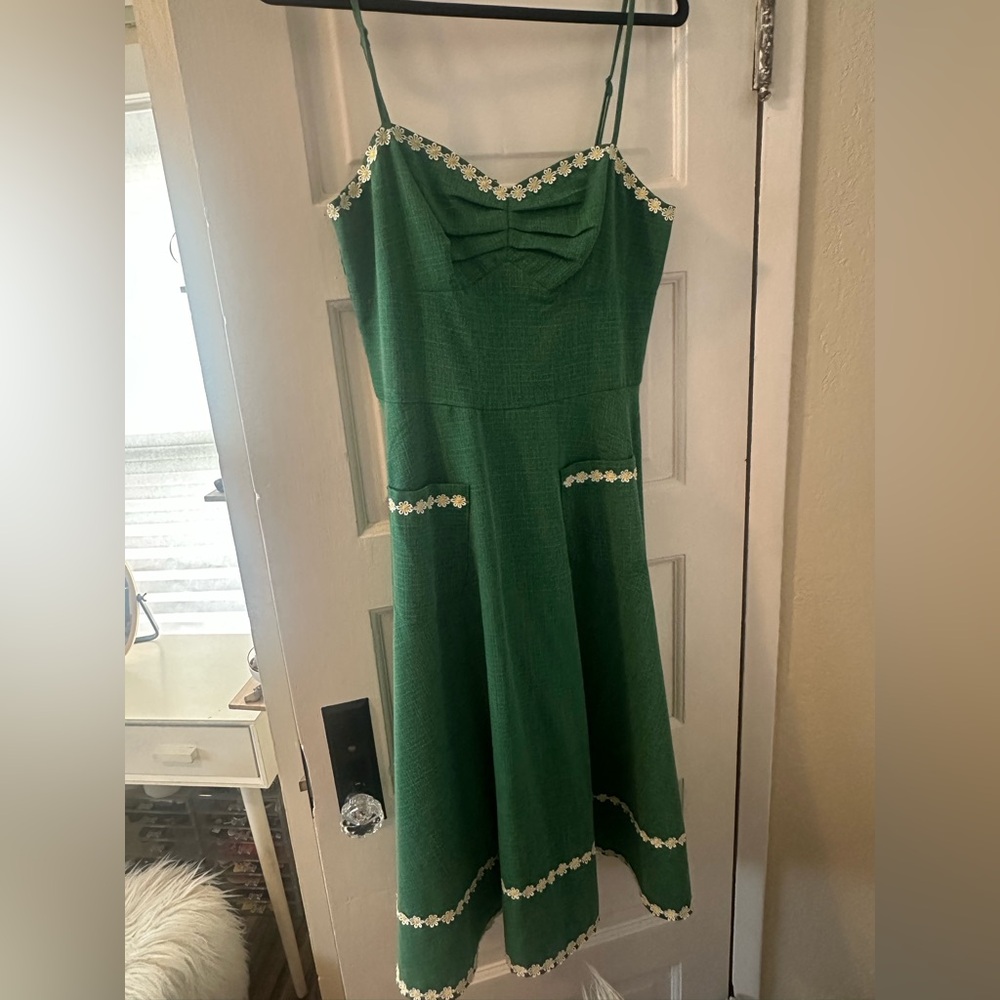 Green Sleeveless Dress with Floral Trim